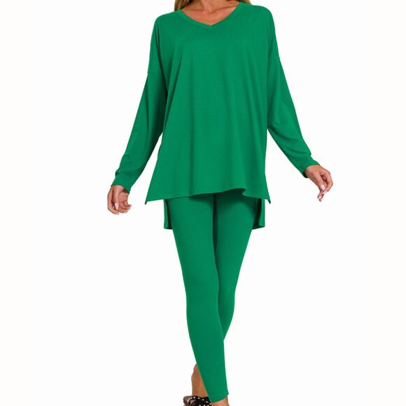 V‑Neck Long‑Sleeve Loungewear Leggings Set – Buttery Soft Brushed DTY Microfiber - Picture 1 of 4